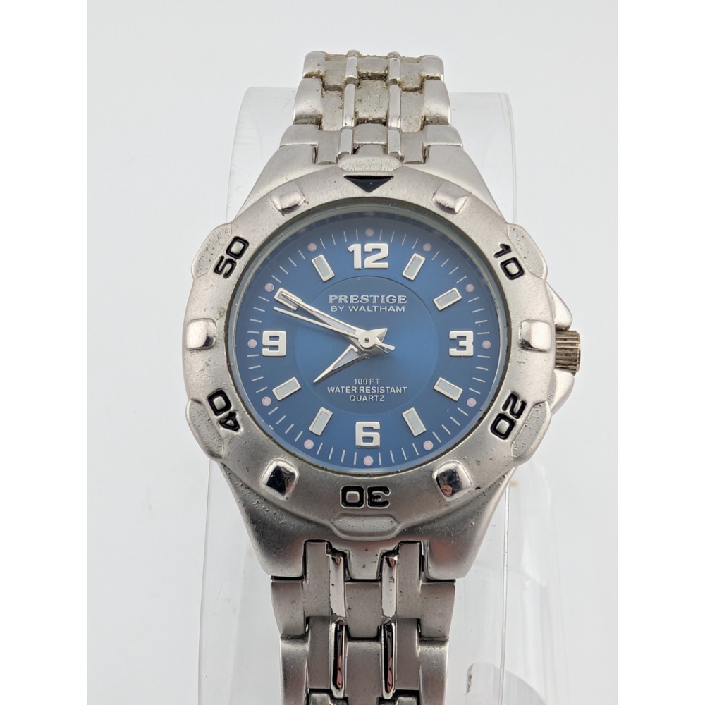 Prestige by Waltham Watch Women 29mm Case Blue Dial Silver 7"‎ Band- New Battery